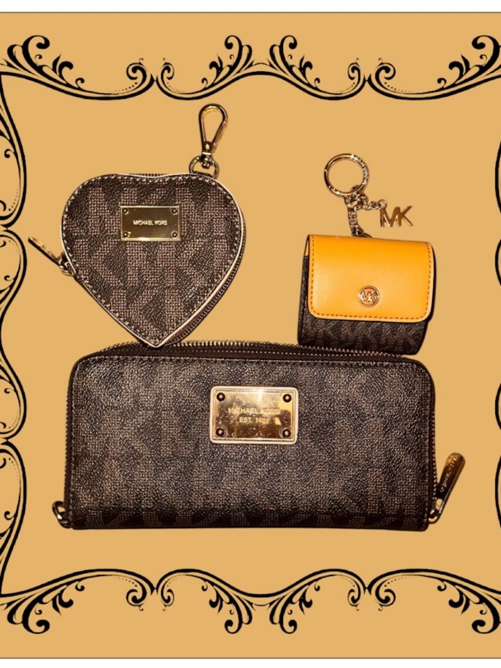 EUC  Michael Kors Brown Signature Zip-Around Wallet, Change Purse & Ear Pod case